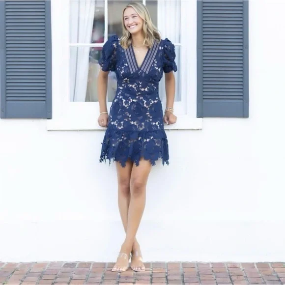 EUC Adelyn Rae Floral Lace Navy V-Neck Short SleeveScalloped Hem Dress Size  XS